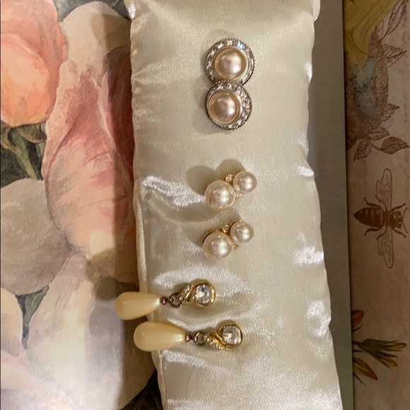 Sold 3 Pairs of Pearl Costume Earrings w/Crystal Accent - Picture 2 of 5
